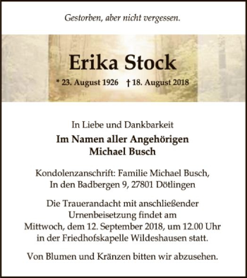 Traueranzeige von Erika Stock von SYK