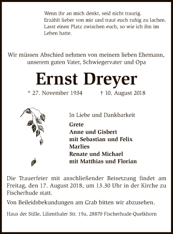 Traueranzeige von Ernst Dreyer von SYK