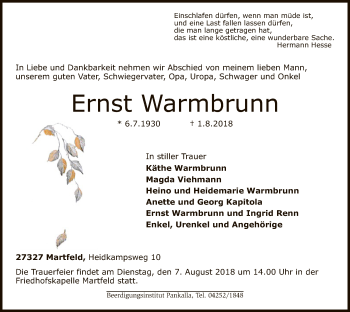 Traueranzeige von Ernst Warmbrunn von SYK