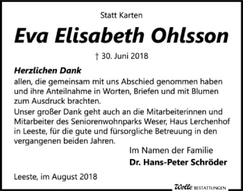 Traueranzeige von Eva Elisabeth Ohlsson von SYK