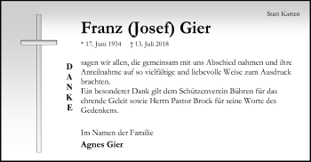 Traueranzeige von Franz  Gier von SYK