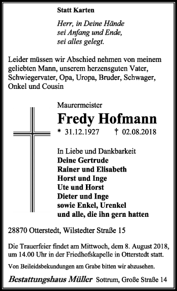 Traueranzeige von Fredy Hofmann von SYK