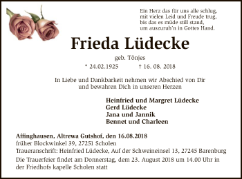 Traueranzeige von Frieda Lüdecke von SYK