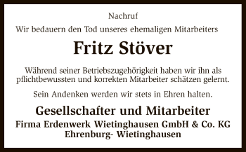 Traueranzeige von Fritz Stöver von SYK