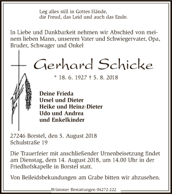 Traueranzeige von Gerhard Schicke von SYK