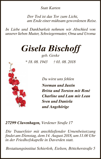 Traueranzeige von Gisela Bischoff von SYK