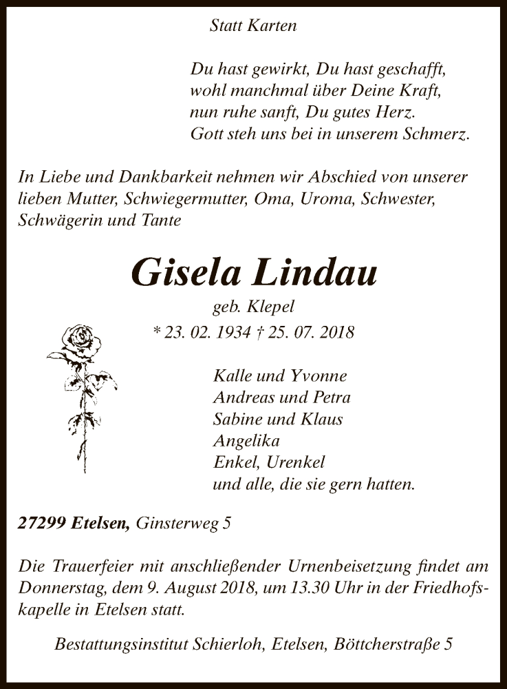  Traueranzeige für Gisela Lindau vom 02.08.2018 aus SYK