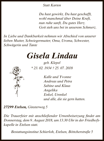 Traueranzeige von Gisela Lindau von SYK