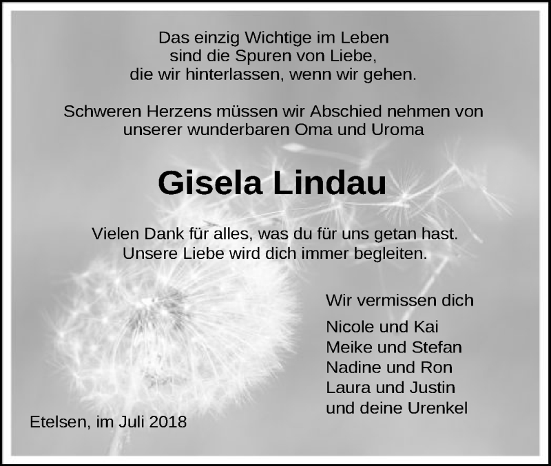  Traueranzeige für Gisela Lindau vom 02.08.2018 aus SYK