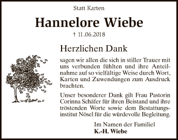 Traueranzeige von Hannelore Wiebe von SYK