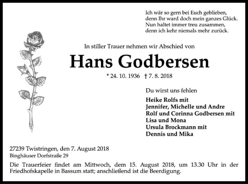  Traueranzeige für Hans Godbersen vom 09.08.2018 aus SYK