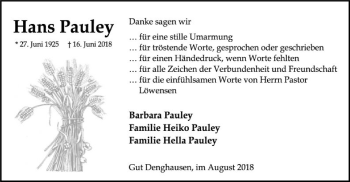Traueranzeige von Hans Pauley von SYK