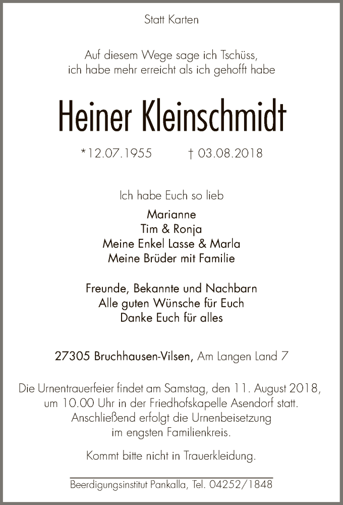  Traueranzeige für Heiner Kleinschmidt vom 06.08.2018 aus SYK