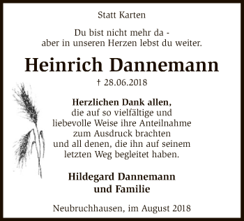 Traueranzeige von Heinrich Dannemann von SYK