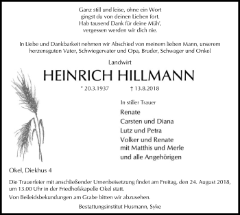 Traueranzeige von Heinrich Hillmann von SYK