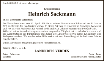 Traueranzeige von Heinrich Sackmann von SYK