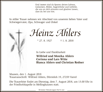 Traueranzeige von Heinz Ahlers von SYK