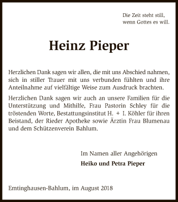 Traueranzeige von Heinz Pieper von SYK