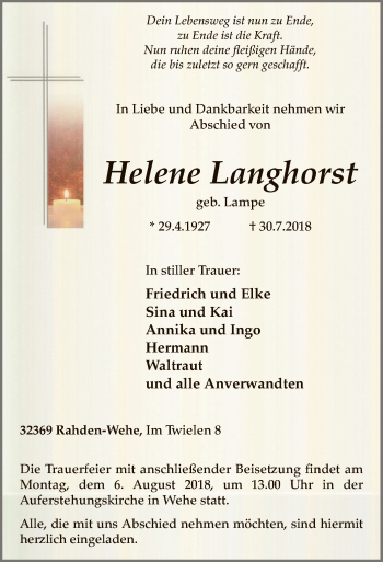 Traueranzeige von Helene Langhorst von SYK