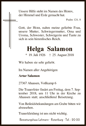 Traueranzeige von Helga Salamon von SYK