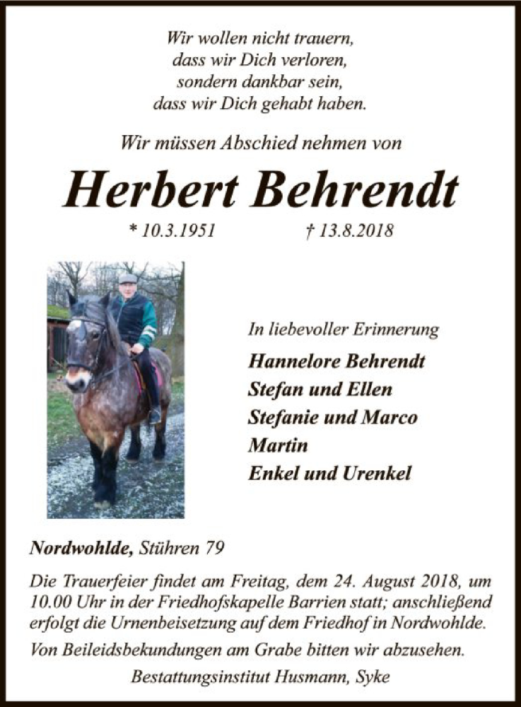 Traueranzeige für Herbert Behrendt vom 18.08.2018 aus SYK