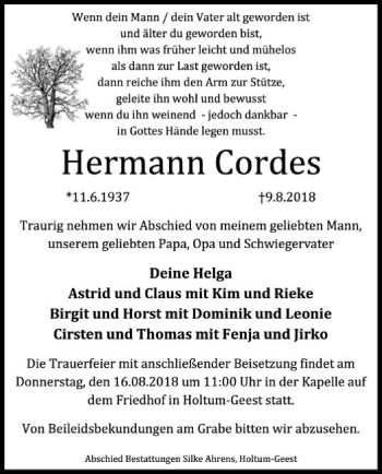 Traueranzeige von Hermann Cordes von SYK