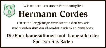 Traueranzeige von Hermann Cordes von SYK