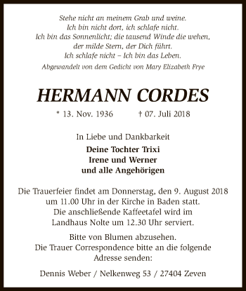 Traueranzeige von Hermann Cordes von SYK