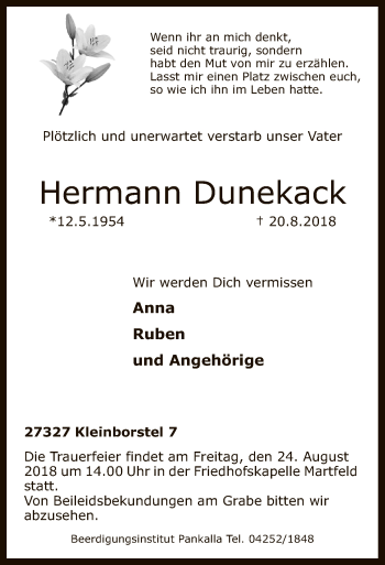 Traueranzeige von Hermann Dunekack von SYK