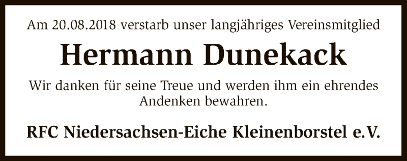  Traueranzeige für Hermann Dunekack vom 23.08.2018 aus SYK