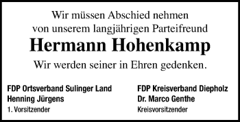 Traueranzeige von Hermann Hohenkamp von SYK