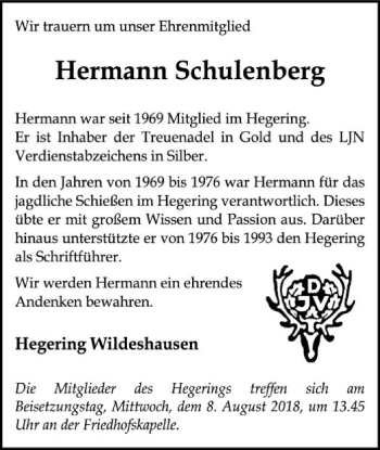 Traueranzeige von Hermann Schulenberg von SYK