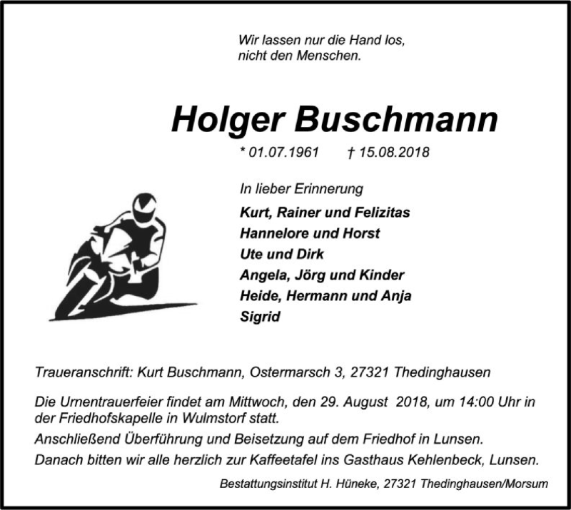  Traueranzeige für Holger Buschmann vom 24.08.2018 aus SYK