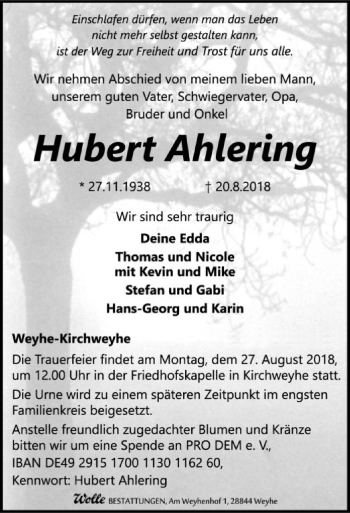 Traueranzeige von Hubert Ahlering von SYK