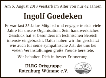 Traueranzeige von Ingolf Goedeken von SYK