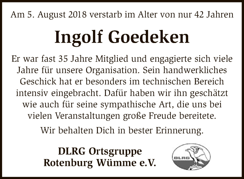  Traueranzeige für Ingolf Goedeken vom 15.08.2018 aus SYK