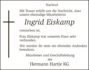 Traueranzeige von Ingrid Eiskamp von SYK