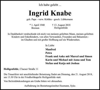 Traueranzeige von Ingrid Knabe von SYK