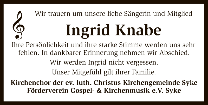  Traueranzeige für Ingrid Knabe vom 18.08.2018 aus SYK