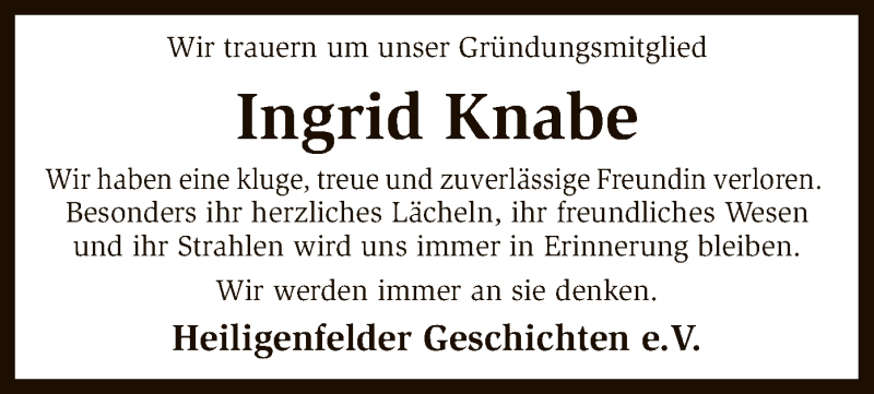  Traueranzeige für Ingrid Knabe vom 18.08.2018 aus SYK