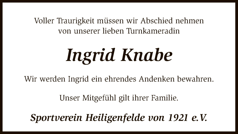  Traueranzeige für Ingrid Knabe vom 18.08.2018 aus SYK