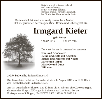 Traueranzeige von Irmgard Kiefer von SYK