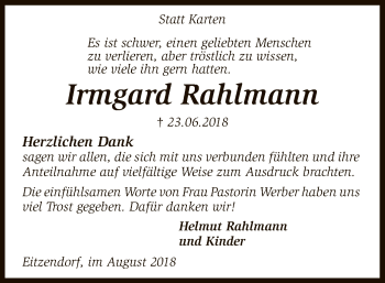 Traueranzeige von Irmgard Rahlmann von SYK