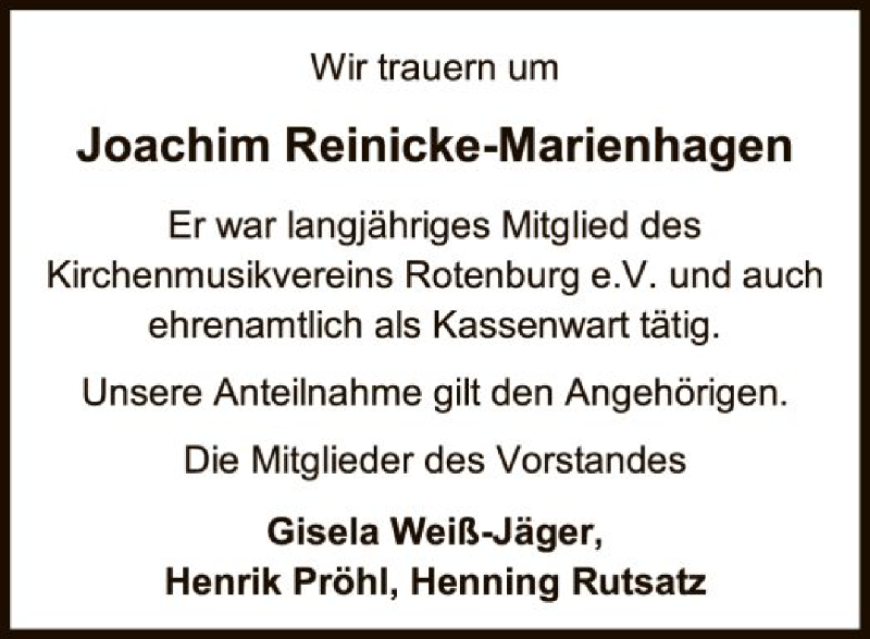  Traueranzeige für Joachim Reinicke-Marienhagen vom 11.08.2018 aus SYK