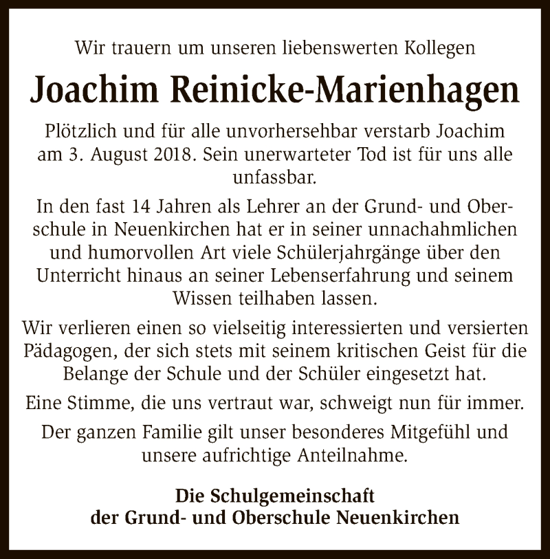  Traueranzeige für Joachim Reinicke-Marienhagen vom 11.08.2018 aus SYK