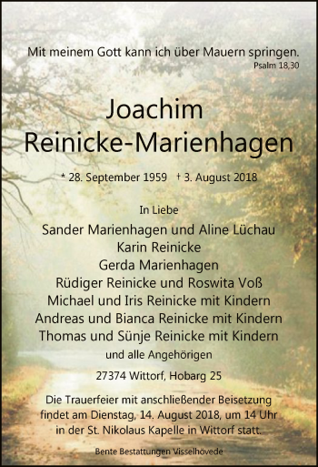 Traueranzeige von Joachim Reinicke-Marienhagen von SYK