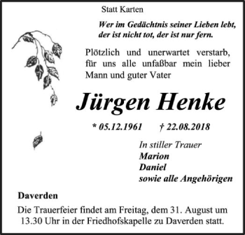 Traueranzeige von Jürgen Henke von SYK