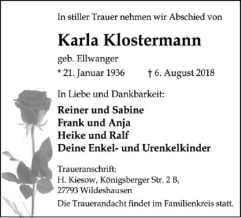 Traueranzeige von Karla Klostermann von SYK