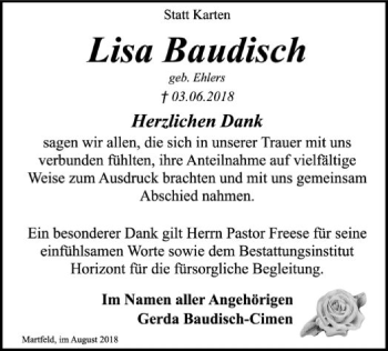 Traueranzeige von Lisa Baudisch von SYK