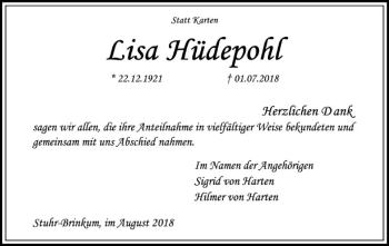 Traueranzeige von Lisa Hüdepohl von SYK